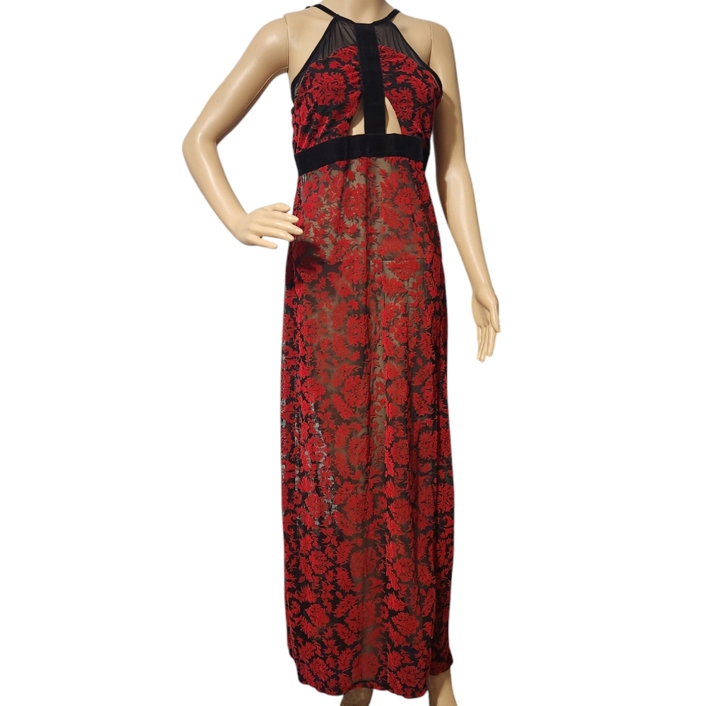 Coquette Red Black Sheer Velvet Burnout Damask Slip Gown Dress XL
